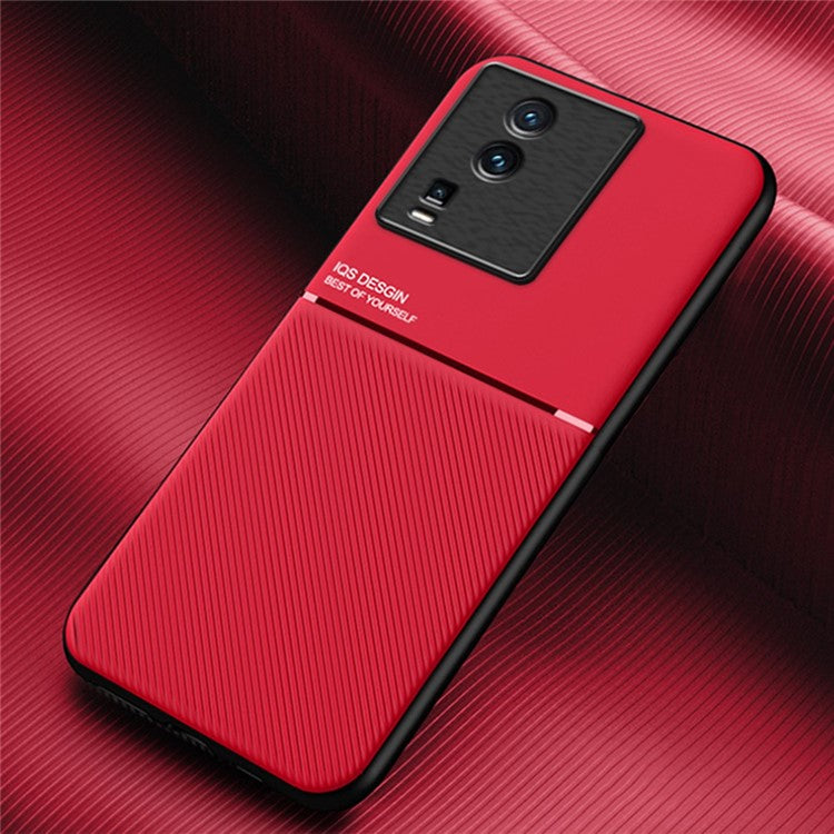 Protective Phone Back Cover for vivo iQOO Neo7 5G, Lines Imprinted PU Leather+TPU Phone Case with Built-in Metal Sheet - Red