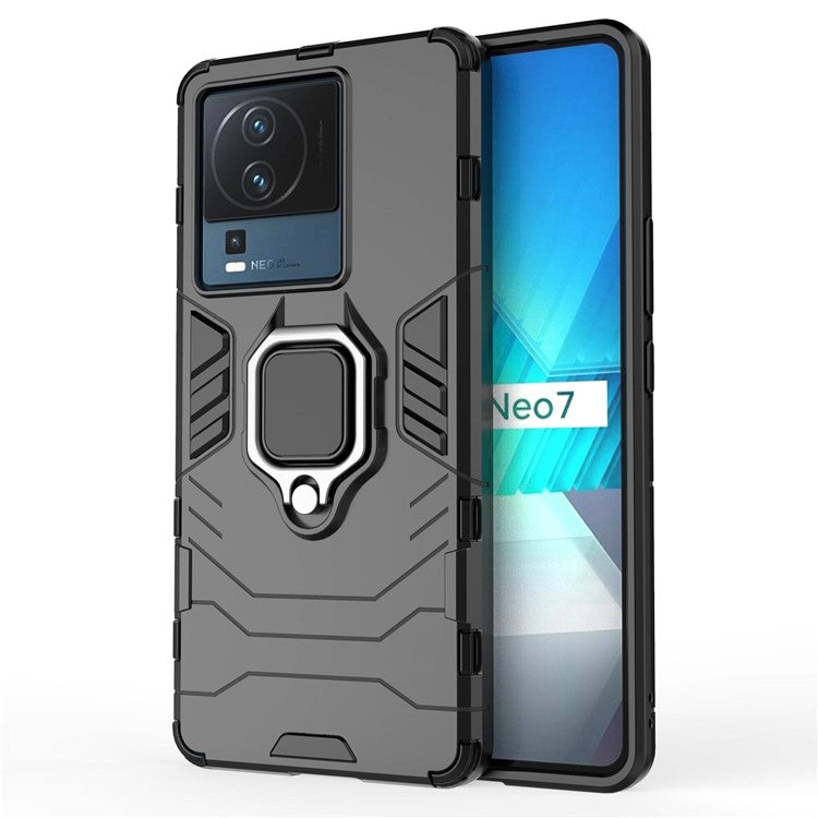 For vivo iQOO Neo7 5G Ring Holder Kickstand Phone Case Shockproof Hard PC+Soft TPU Hybrid Cover - Black