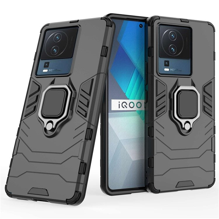 For vivo iQOO Neo7 5G Ring Holder Kickstand Phone Case Shockproof Hard PC+Soft TPU Hybrid Cover - Black