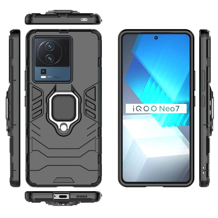 For vivo iQOO Neo7 5G Ring Holder Kickstand Phone Case Shockproof Hard PC+Soft TPU Hybrid Cover - Black