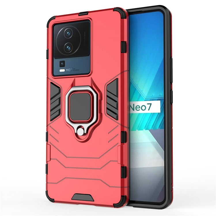 For vivo iQOO Neo7 5G Ring Holder Kickstand Phone Case Shockproof Hard PC+Soft TPU Hybrid Cover - Red