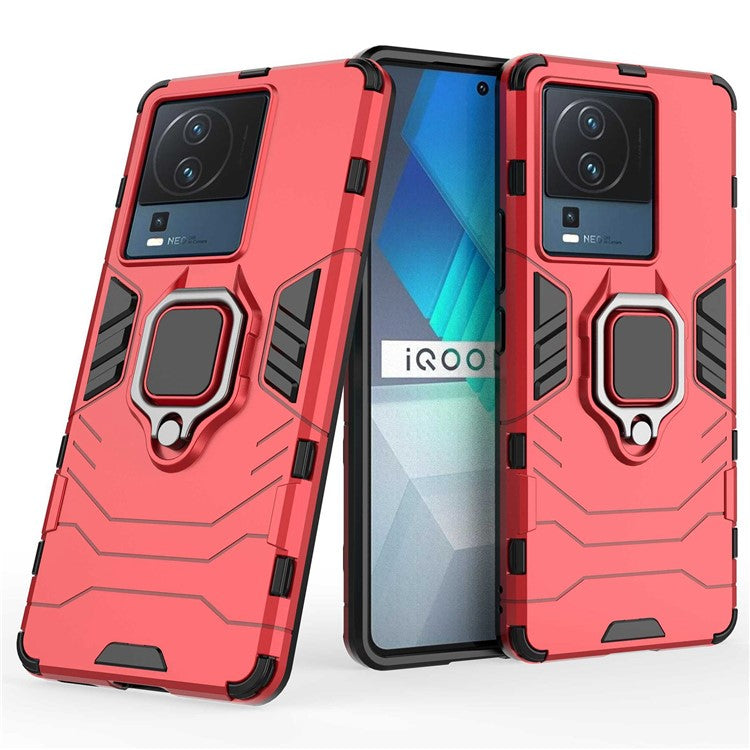 For vivo iQOO Neo7 5G Ring Holder Kickstand Phone Case Shockproof Hard PC+Soft TPU Hybrid Cover - Red