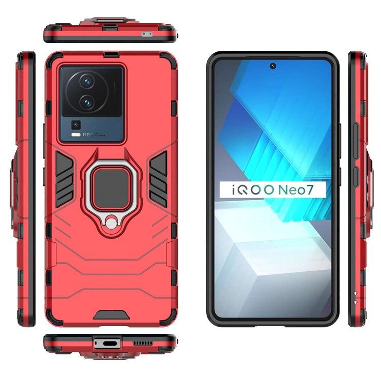 For vivo iQOO Neo7 5G Ring Holder Kickstand Phone Case Shockproof Hard PC+Soft TPU Hybrid Cover - Red