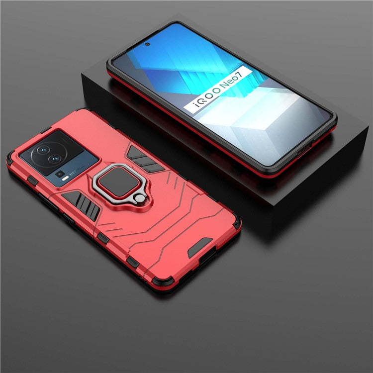 For vivo iQOO Neo7 5G Ring Holder Kickstand Phone Case Shockproof Hard PC+Soft TPU Hybrid Cover - Red