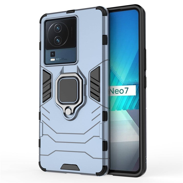 For vivo iQOO Neo7 5G Ring Holder Kickstand Phone Case Shockproof Hard PC+Soft TPU Hybrid Cover - Blue