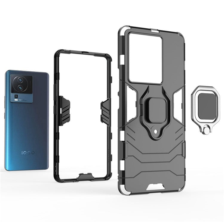 For vivo iQOO Neo7 5G Ring Holder Kickstand Phone Case Shockproof Hard PC+Soft TPU Hybrid Cover - Blue