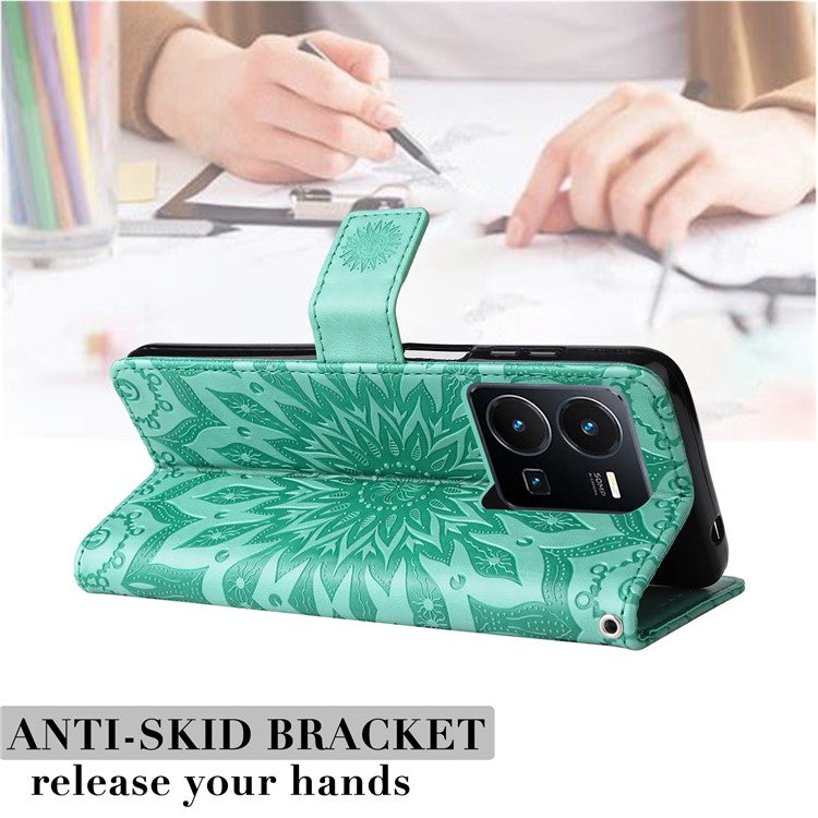 KT Imprinting Flower Series-1 for vivo Y35 4G (2022) / Y22s 4G / Y22 4G PU Leather Wallet Phone Case Imprinted Sunflower Stand Magnetic Shockproof Protective Flip Cover with Strap - Green