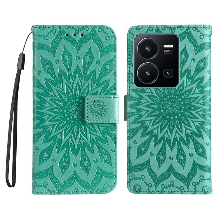 KT Imprinting Flower Series-1 for vivo Y35 4G (2022) / Y22s 4G / Y22 4G PU Leather Wallet Phone Case Imprinted Sunflower Stand Magnetic Shockproof Protective Flip Cover with Strap - Green