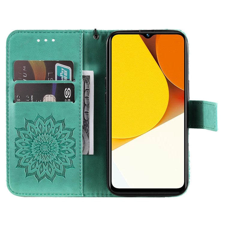 KT Imprinting Flower Series-1 for vivo Y35 4G (2022) / Y22s 4G / Y22 4G PU Leather Wallet Phone Case Imprinted Sunflower Stand Magnetic Shockproof Protective Flip Cover with Strap - Green