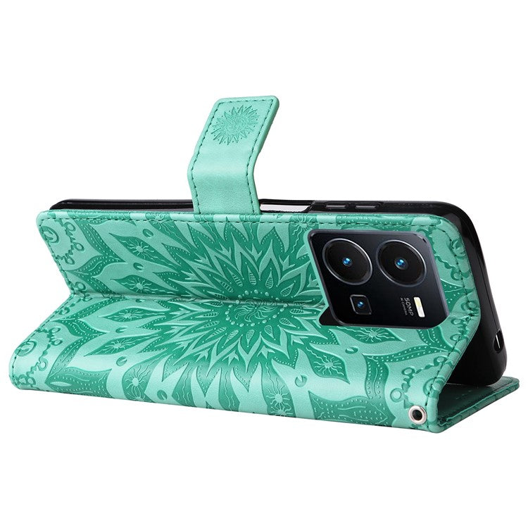 KT Imprinting Flower Series-1 for vivo Y35 4G (2022) / Y22s 4G / Y22 4G PU Leather Wallet Phone Case Imprinted Sunflower Stand Magnetic Shockproof Protective Flip Cover with Strap - Green