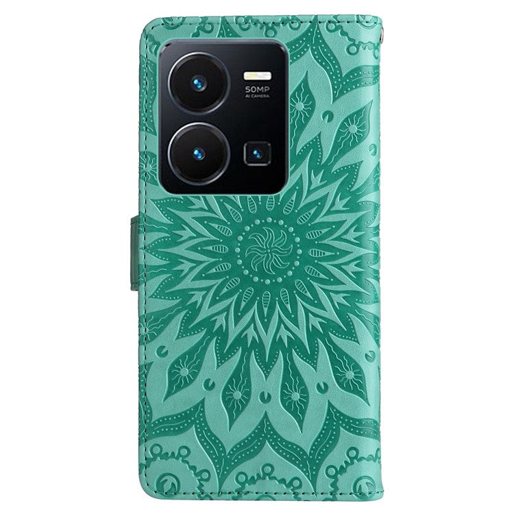 KT Imprinting Flower Series-1 for vivo Y35 4G (2022) / Y22s 4G / Y22 4G PU Leather Wallet Phone Case Imprinted Sunflower Stand Magnetic Shockproof Protective Flip Cover with Strap - Green