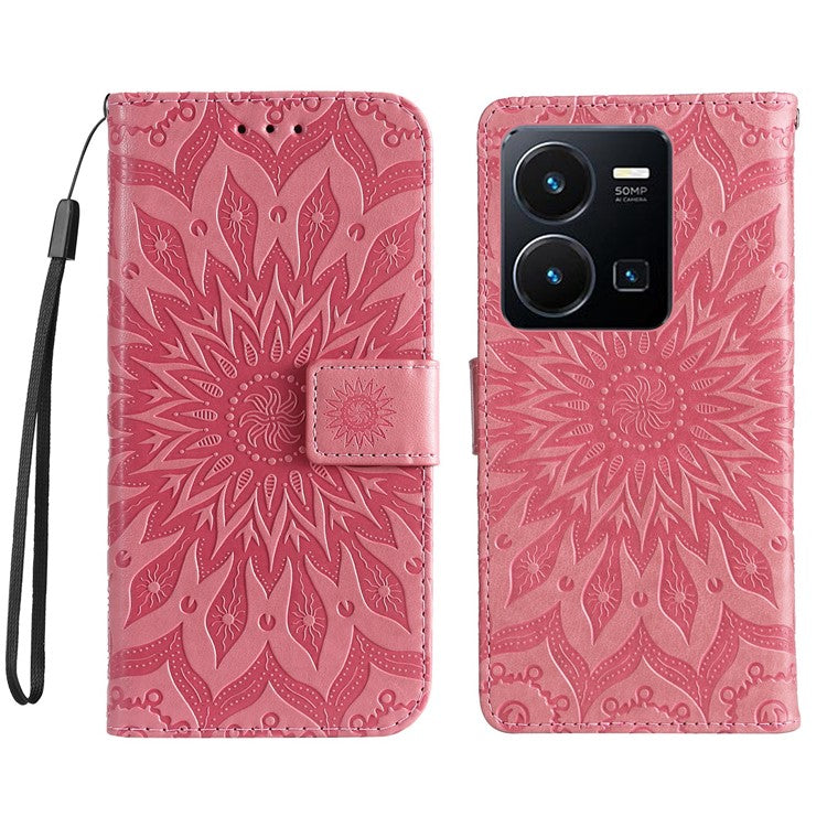 KT Imprinting Flower Series-1 for vivo Y35 4G (2022) / Y22s 4G / Y22 4G PU Leather Wallet Phone Case Imprinted Sunflower Stand Magnetic Shockproof Protective Flip Cover with Strap - Pink