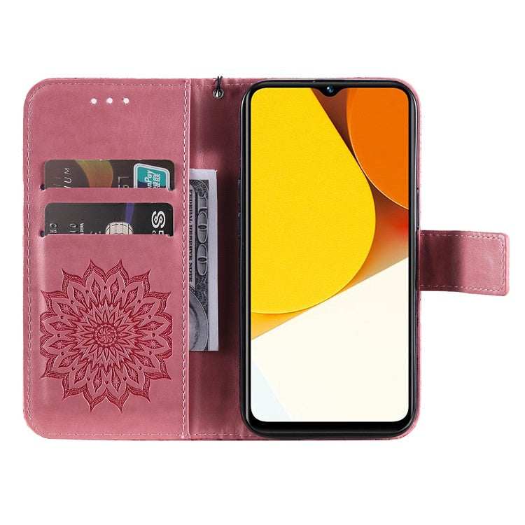 KT Imprinting Flower Series-1 for vivo Y35 4G (2022) / Y22s 4G / Y22 4G PU Leather Wallet Phone Case Imprinted Sunflower Stand Magnetic Shockproof Protective Flip Cover with Strap - Pink