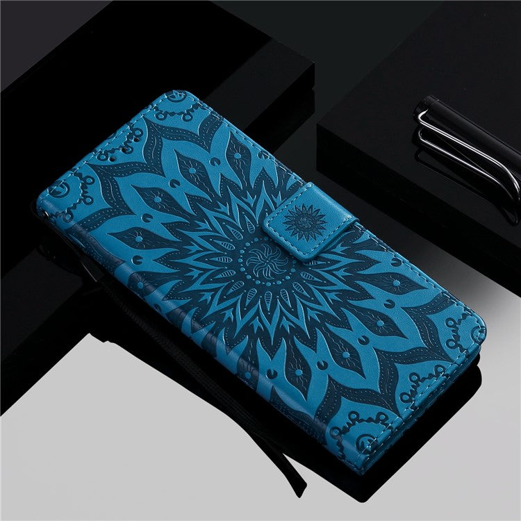 KT Imprinting Flower Series-1 for vivo Y35 4G (2022) / Y22s 4G / Y22 4G PU Leather Wallet Phone Case Imprinted Sunflower Stand Magnetic Shockproof Protective Flip Cover with Strap - Blue