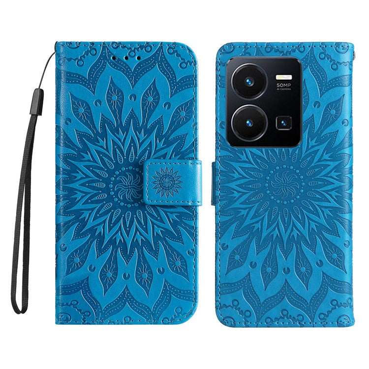 KT Imprinting Flower Series-1 for vivo Y35 4G (2022) / Y22s 4G / Y22 4G PU Leather Wallet Phone Case Imprinted Sunflower Stand Magnetic Shockproof Protective Flip Cover with Strap - Blue