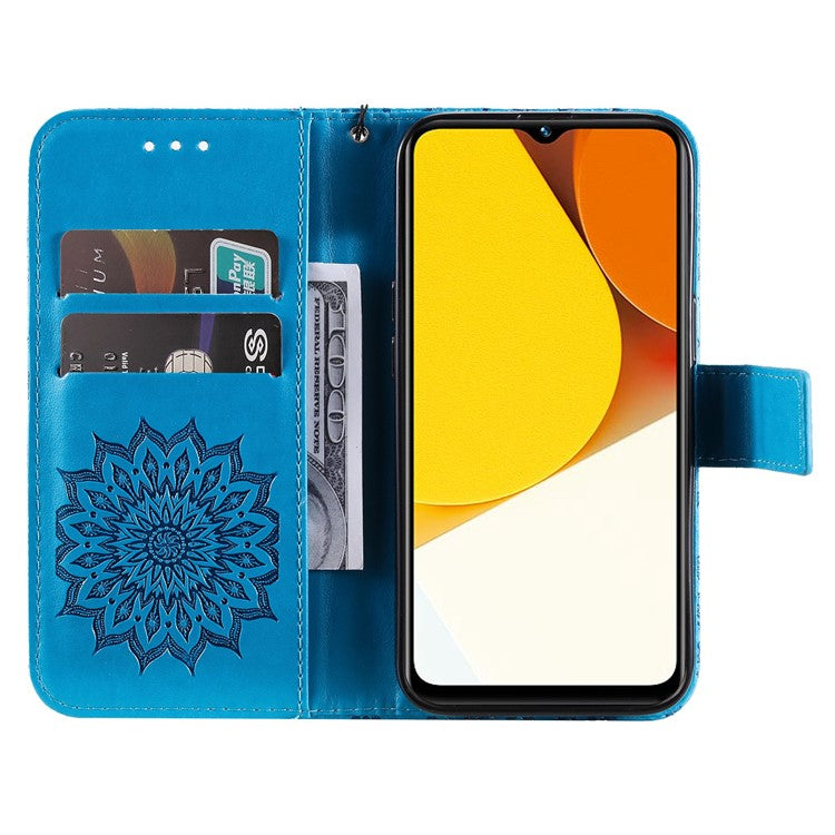 KT Imprinting Flower Series-1 for vivo Y35 4G (2022) / Y22s 4G / Y22 4G PU Leather Wallet Phone Case Imprinted Sunflower Stand Magnetic Shockproof Protective Flip Cover with Strap - Blue