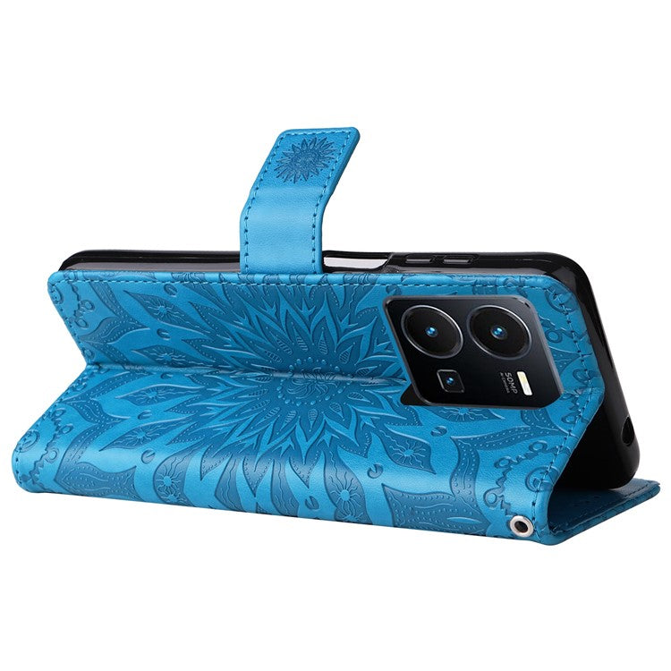 KT Imprinting Flower Series-1 for vivo Y35 4G (2022) / Y22s 4G / Y22 4G PU Leather Wallet Phone Case Imprinted Sunflower Stand Magnetic Shockproof Protective Flip Cover with Strap - Blue