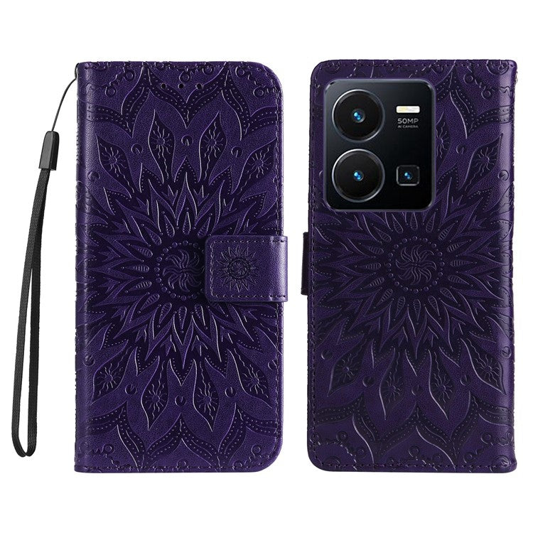 KT Imprinting Flower Series-1 for vivo Y35 4G (2022) / Y22s 4G / Y22 4G PU Leather Wallet Phone Case Imprinted Sunflower Stand Magnetic Shockproof Protective Flip Cover with Strap - Purple