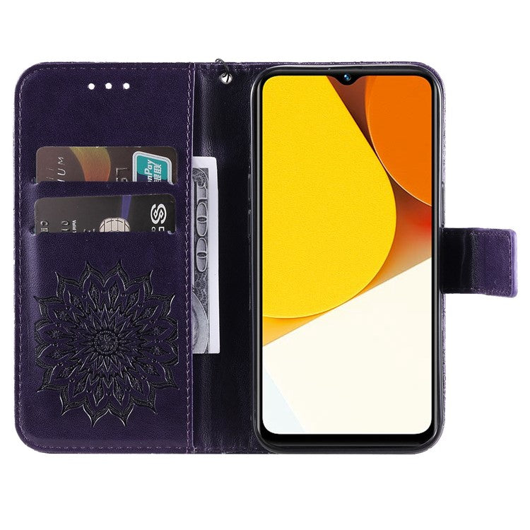 KT Imprinting Flower Series-1 for vivo Y35 4G (2022) / Y22s 4G / Y22 4G PU Leather Wallet Phone Case Imprinted Sunflower Stand Magnetic Shockproof Protective Flip Cover with Strap - Purple