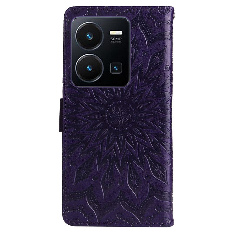 KT Imprinting Flower Series-1 for vivo Y35 4G (2022) / Y22s 4G / Y22 4G PU Leather Wallet Phone Case Imprinted Sunflower Stand Magnetic Shockproof Protective Flip Cover with Strap - Purple