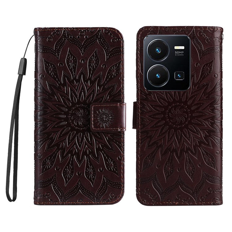 KT Imprinting Flower Series-1 for vivo Y35 4G (2022) / Y22s 4G / Y22 4G PU Leather Wallet Phone Case Imprinted Sunflower Stand Magnetic Shockproof Protective Flip Cover with Strap - Brown