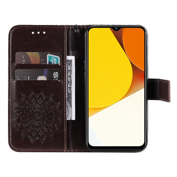 KT Imprinting Flower Series-1 for vivo Y35 4G (2022) / Y22s 4G / Y22 4G PU Leather Wallet Phone Case Imprinted Sunflower Stand Magnetic Shockproof Protective Flip Cover with Strap - Brown