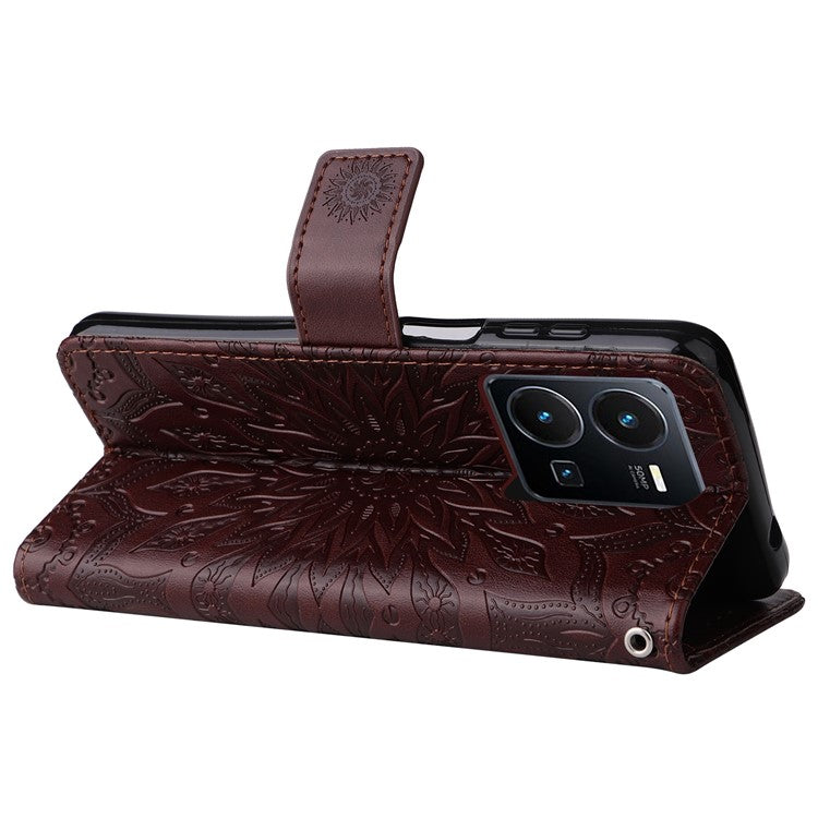 KT Imprinting Flower Series-1 for vivo Y35 4G (2022) / Y22s 4G / Y22 4G PU Leather Wallet Phone Case Imprinted Sunflower Stand Magnetic Shockproof Protective Flip Cover with Strap - Brown