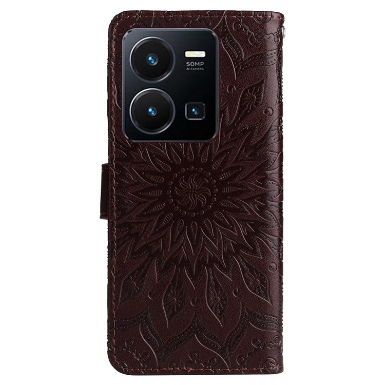 KT Imprinting Flower Series-1 for vivo Y35 4G (2022) / Y22s 4G / Y22 4G PU Leather Wallet Phone Case Imprinted Sunflower Stand Magnetic Shockproof Protective Flip Cover with Strap - Brown