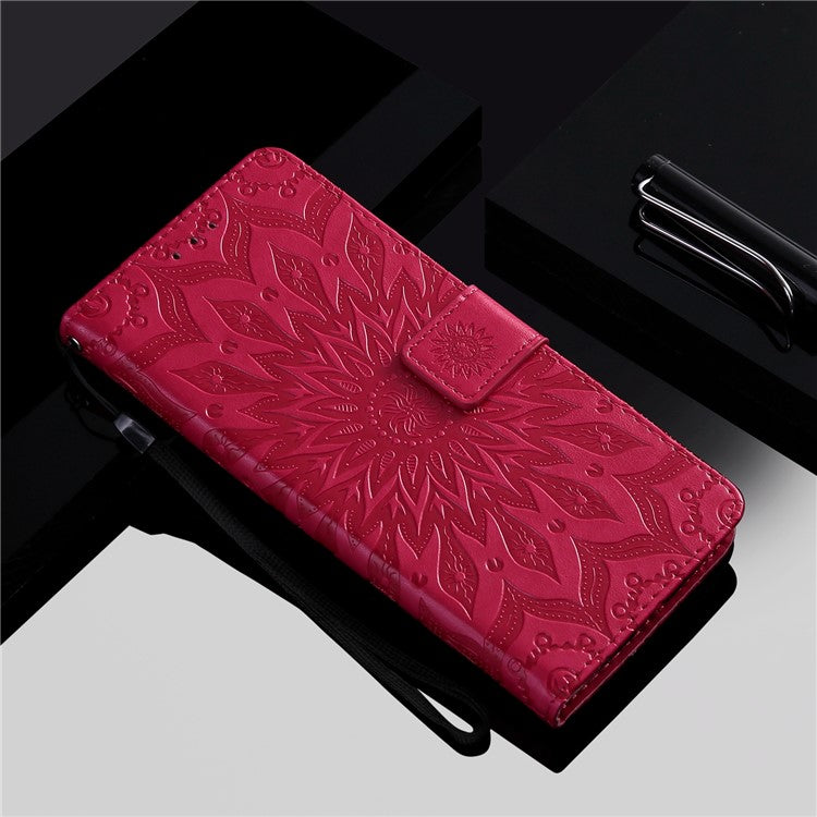 KT Imprinting Flower Series-1 for vivo Y35 4G (2022) / Y22s 4G / Y22 4G PU Leather Wallet Phone Case Imprinted Sunflower Stand Magnetic Shockproof Protective Flip Cover with Strap - Red