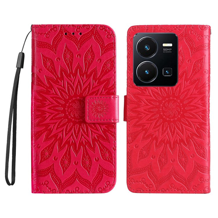 KT Imprinting Flower Series-1 for vivo Y35 4G (2022) / Y22s 4G / Y22 4G PU Leather Wallet Phone Case Imprinted Sunflower Stand Magnetic Shockproof Protective Flip Cover with Strap - Red