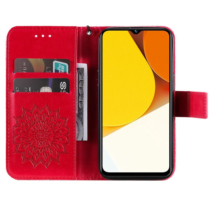 KT Imprinting Flower Series-1 for vivo Y35 4G (2022) / Y22s 4G / Y22 4G PU Leather Wallet Phone Case Imprinted Sunflower Stand Magnetic Shockproof Protective Flip Cover with Strap - Red