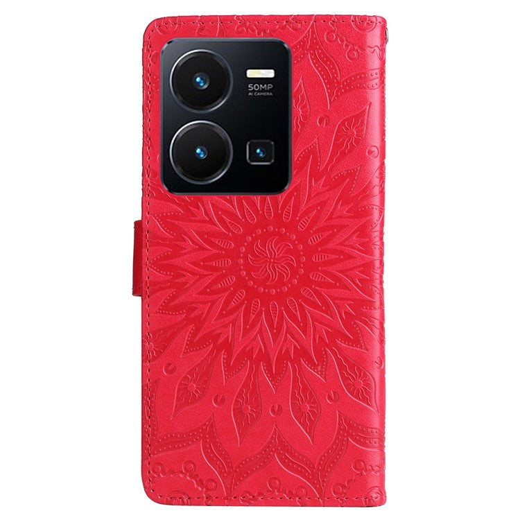 KT Imprinting Flower Series-1 for vivo Y35 4G (2022) / Y22s 4G / Y22 4G PU Leather Wallet Phone Case Imprinted Sunflower Stand Magnetic Shockproof Protective Flip Cover with Strap - Red