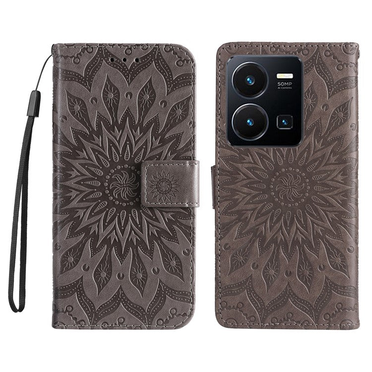 KT Imprinting Flower Series-1 for vivo Y35 4G (2022) / Y22s 4G / Y22 4G PU Leather Wallet Phone Case Imprinted Sunflower Stand Magnetic Shockproof Protective Flip Cover with Strap - Grey