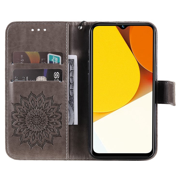 KT Imprinting Flower Series-1 for vivo Y35 4G (2022) / Y22s 4G / Y22 4G PU Leather Wallet Phone Case Imprinted Sunflower Stand Magnetic Shockproof Protective Flip Cover with Strap - Grey