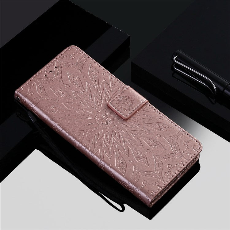 KT Imprinting Flower Series-1 for vivo Y35 4G (2022) / Y22s 4G / Y22 4G PU Leather Wallet Phone Case Imprinted Sunflower Stand Magnetic Shockproof Protective Flip Cover with Strap - Rose Gold