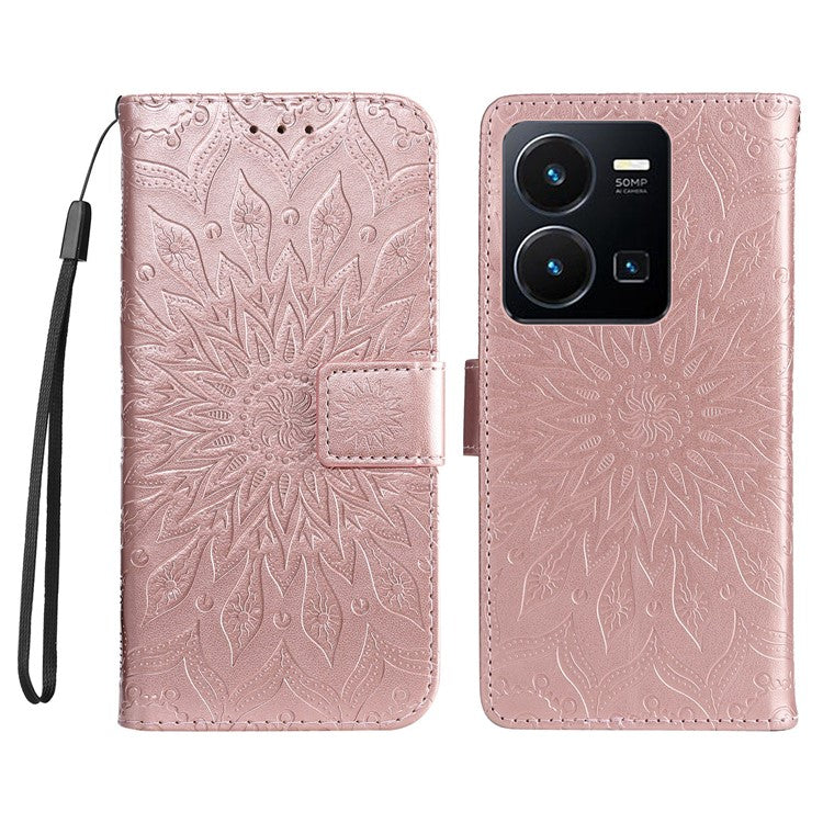 KT Imprinting Flower Series-1 for vivo Y35 4G (2022) / Y22s 4G / Y22 4G PU Leather Wallet Phone Case Imprinted Sunflower Stand Magnetic Shockproof Protective Flip Cover with Strap - Rose Gold