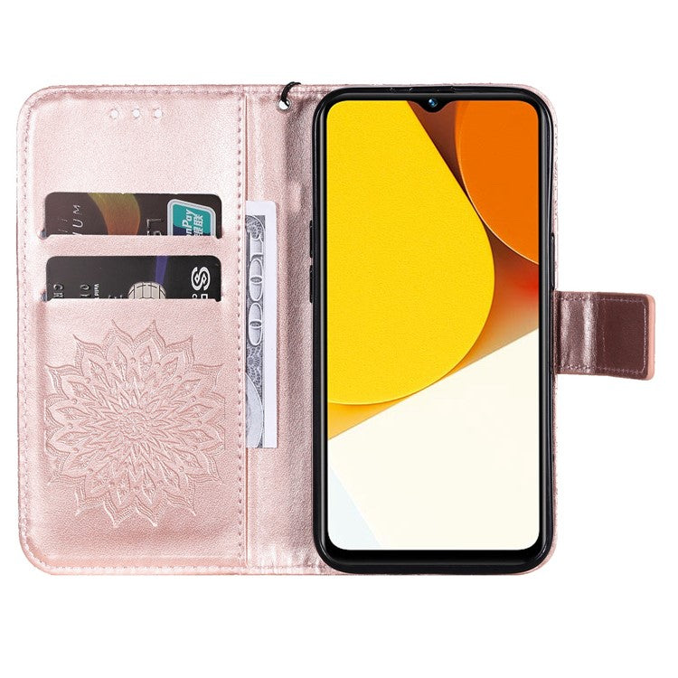 KT Imprinting Flower Series-1 for vivo Y35 4G (2022) / Y22s 4G / Y22 4G PU Leather Wallet Phone Case Imprinted Sunflower Stand Magnetic Shockproof Protective Flip Cover with Strap - Rose Gold