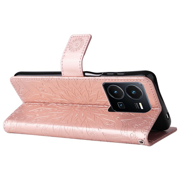 KT Imprinting Flower Series-1 for vivo Y35 4G (2022) / Y22s 4G / Y22 4G PU Leather Wallet Phone Case Imprinted Sunflower Stand Magnetic Shockproof Protective Flip Cover with Strap - Rose Gold