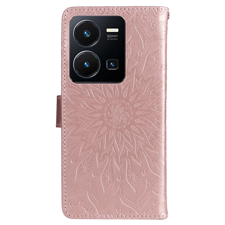 KT Imprinting Flower Series-1 for vivo Y35 4G (2022) / Y22s 4G / Y22 4G PU Leather Wallet Phone Case Imprinted Sunflower Stand Magnetic Shockproof Protective Flip Cover with Strap - Rose Gold