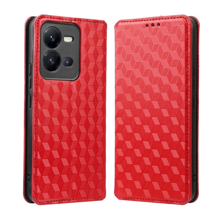 Phone Cover for vivo V25 5G / V25e 4G / X80 Lite 5G Bump Proof Rhombus Pattern Imprinted Magnetic PU Leather Flip Wallet Case Stand - Red