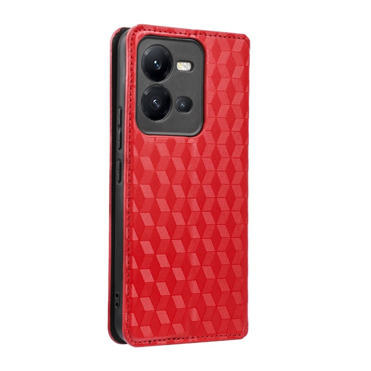 Phone Cover for vivo V25 5G / V25e 4G / X80 Lite 5G Bump Proof Rhombus Pattern Imprinted Magnetic PU Leather Flip Wallet Case Stand - Red