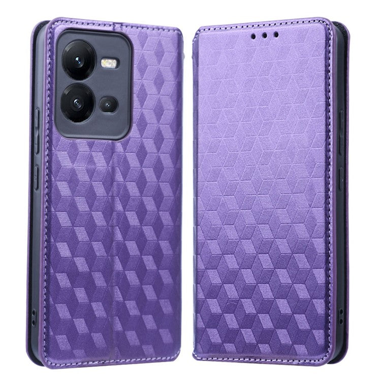 Phone Cover for vivo V25 5G / V25e 4G / X80 Lite 5G Bump Proof Rhombus Pattern Imprinted Magnetic PU Leather Flip Wallet Case Stand - Purple