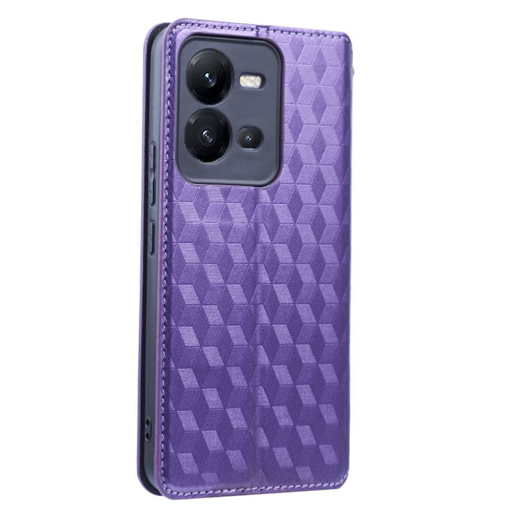 Phone Cover for vivo V25 5G / V25e 4G / X80 Lite 5G Bump Proof Rhombus Pattern Imprinted Magnetic PU Leather Flip Wallet Case Stand - Purple