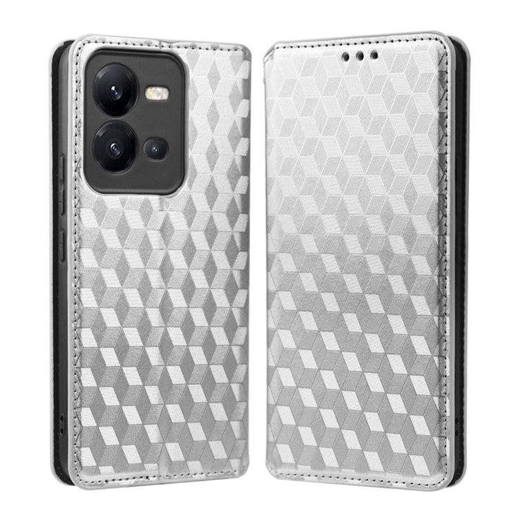 Phone Cover for vivo V25 5G / V25e 4G / X80 Lite 5G Bump Proof Rhombus Pattern Imprinted Magnetic PU Leather Flip Wallet Case Stand - Silver