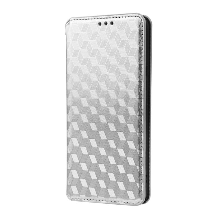 Phone Cover for vivo V25 5G / V25e 4G / X80 Lite 5G Bump Proof Rhombus Pattern Imprinted Magnetic PU Leather Flip Wallet Case Stand - Silver