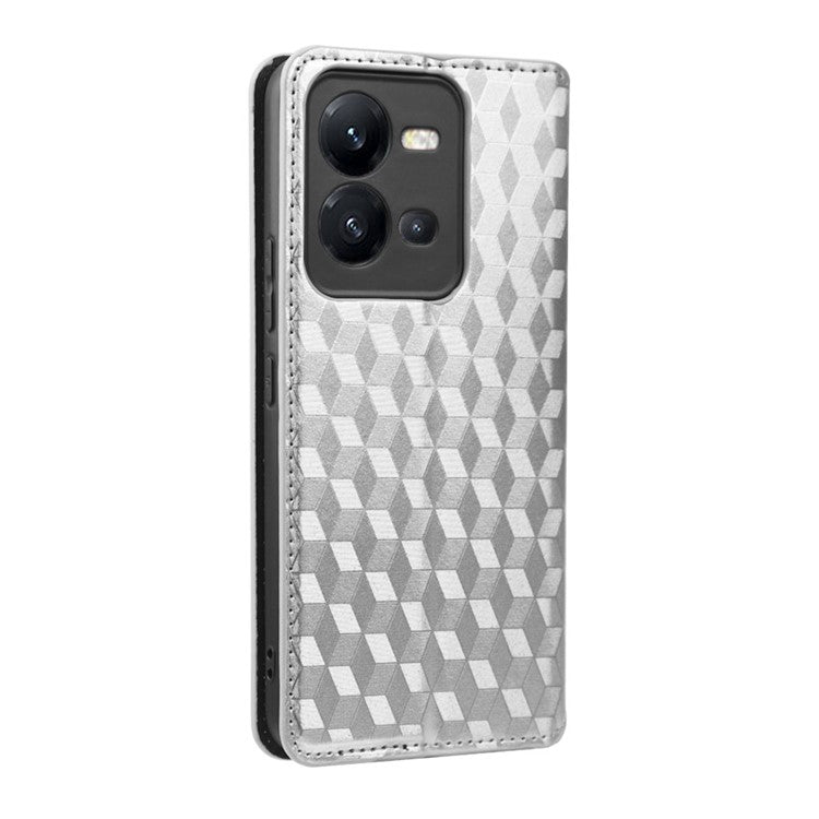 Phone Cover for vivo V25 5G / V25e 4G / X80 Lite 5G Bump Proof Rhombus Pattern Imprinted Magnetic PU Leather Flip Wallet Case Stand - Silver