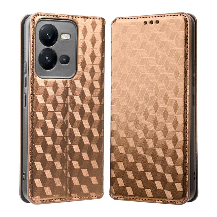 Phone Cover for vivo V25 5G / V25e 4G / X80 Lite 5G Bump Proof Rhombus Pattern Imprinted Magnetic PU Leather Flip Wallet Case Stand - Brown