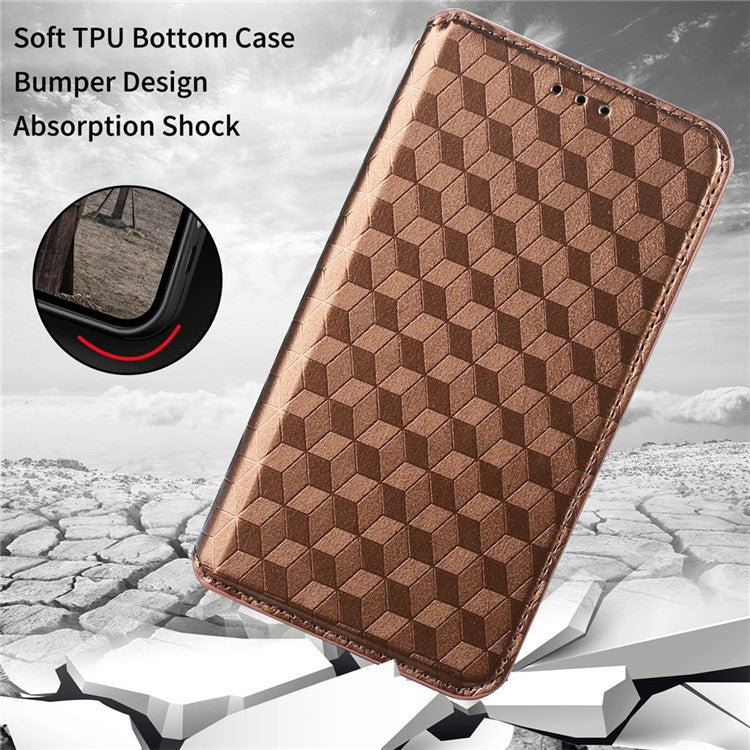 Phone Cover for vivo V25 5G / V25e 4G / X80 Lite 5G Bump Proof Rhombus Pattern Imprinted Magnetic PU Leather Flip Wallet Case Stand - Brown