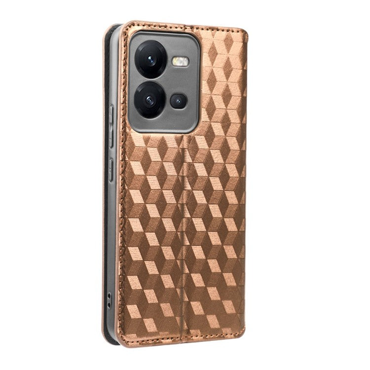 Phone Cover for vivo V25 5G / V25e 4G / X80 Lite 5G Bump Proof Rhombus Pattern Imprinted Magnetic PU Leather Flip Wallet Case Stand - Brown