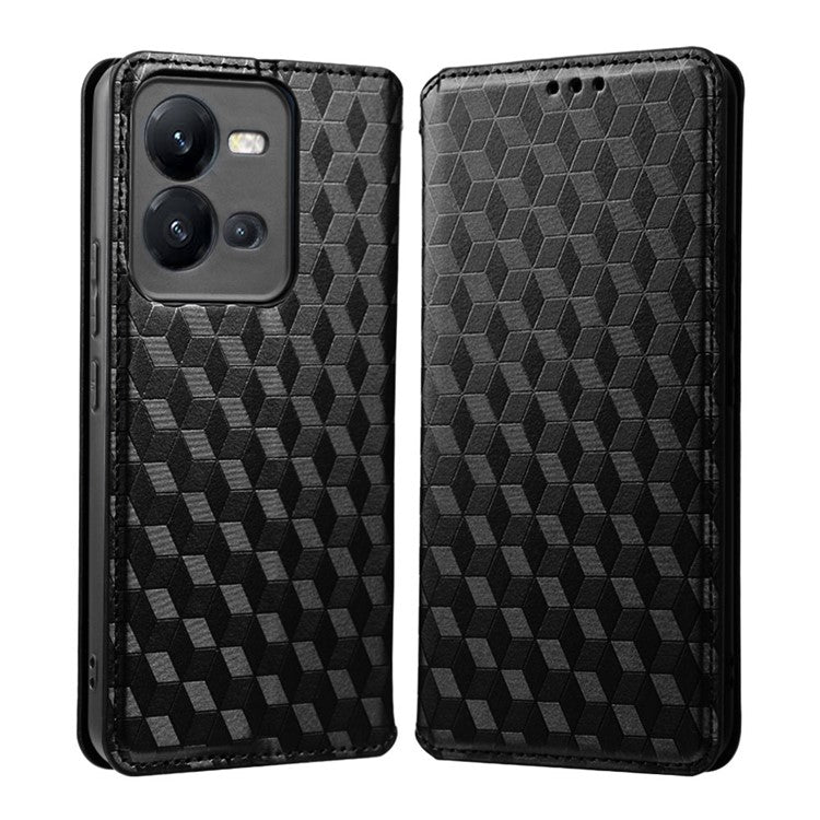 Phone Cover for vivo V25 5G / V25e 4G / X80 Lite 5G Bump Proof Rhombus Pattern Imprinted Magnetic PU Leather Flip Wallet Case Stand - Black